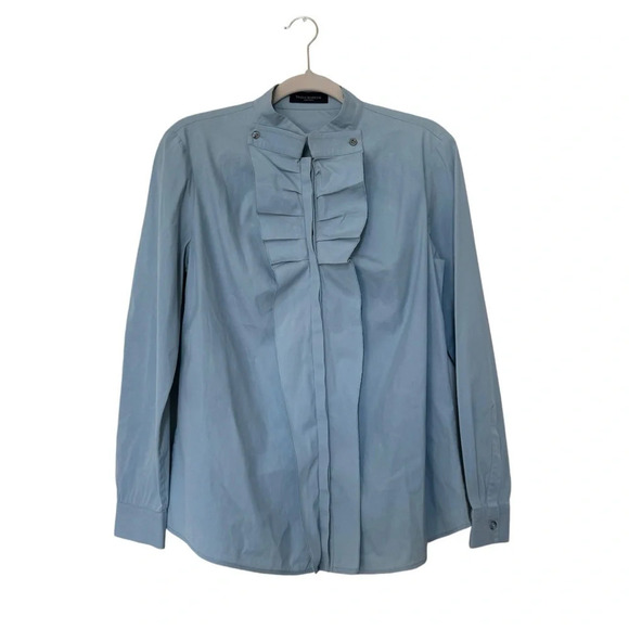 Piazza Sempione Light Blue Ruffle Button Down Shirt Blouse Made in Italy Sz M/8 - Picture 4 of 16